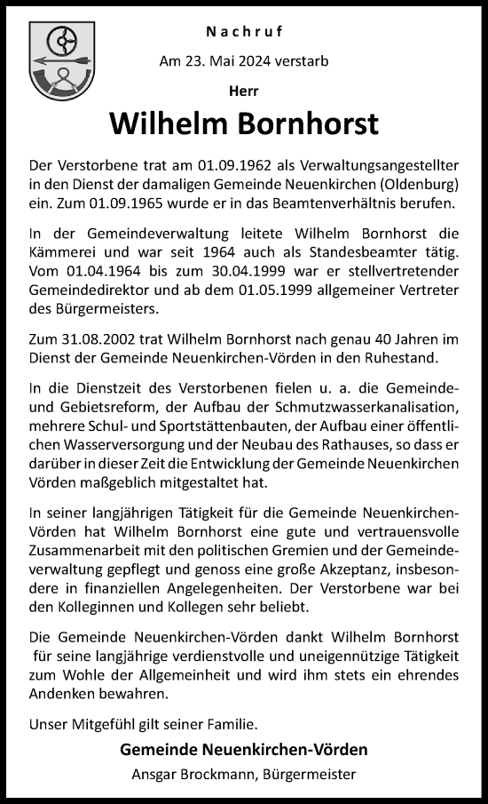 Traueranzeige von Wilhelm Bornhorst von Neue Osnabrücker Zeitung GmbH & Co. KG