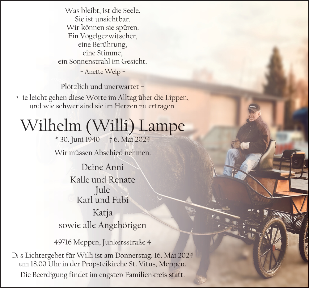  Traueranzeige für Wilhelm Lampe vom 11.05.2024 aus Neue Osnabrücker Zeitung GmbH & Co. KG