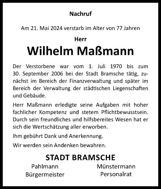Traueranzeige von Wilhelm Maßmann von Neue Osnabrücker Zeitung GmbH & Co. KG