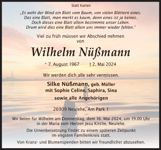 Traueranzeige von Wilhelm Nüßmann von Neue Osnabrücker Zeitung GmbH & Co. KG