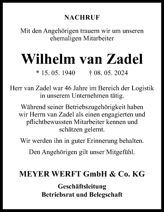 Traueranzeige von Wilhelm van Zadel von Neue Osnabrücker Zeitung GmbH & Co. KG