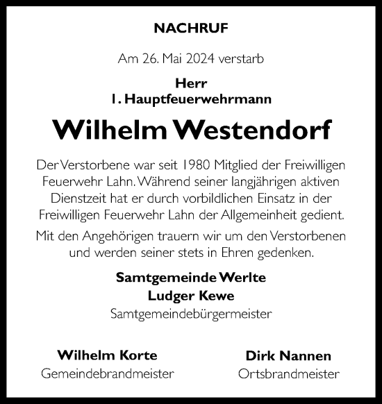 Traueranzeige von Wilhelm Westendorf von Neue Osnabrücker Zeitung GmbH & Co. KG