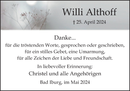 Traueranzeige von Willi Althoff von Neue Osnabrücker Zeitung GmbH & Co. KG