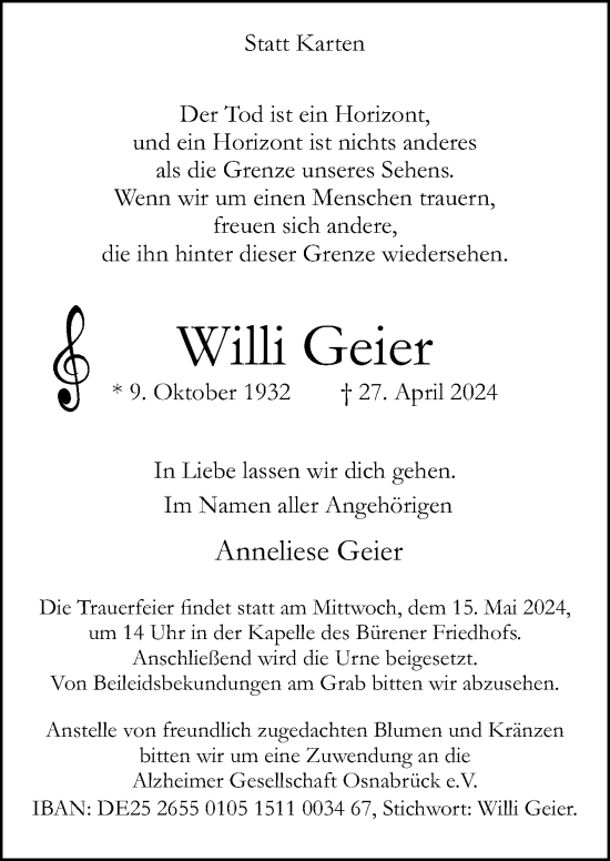 Traueranzeige von Willi Geier von Neue Osnabrücker Zeitung GmbH & Co. KG