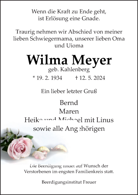 Traueranzeige von Wilma Meyer von DK Medien GmbH & Co. KG