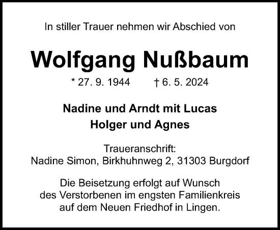 Traueranzeige von Wolfgang Nußbaum von Neue Osnabrücker Zeitung GmbH & Co. KG