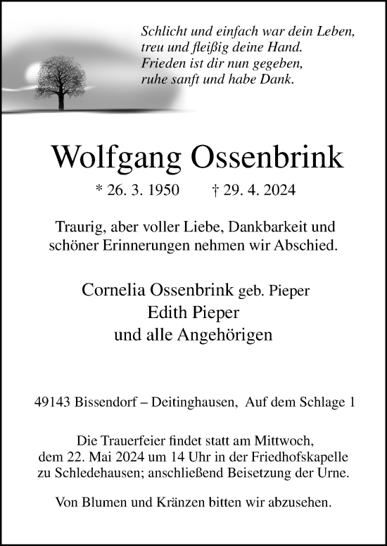 Traueranzeige von Wolfgang Ossenbrink von Neue Osnabrücker Zeitung GmbH & Co. KG