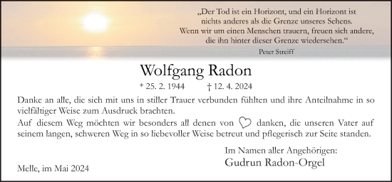 Traueranzeige von Wolfgang Radon von Neue Osnabrücker Zeitung GmbH & Co. KG