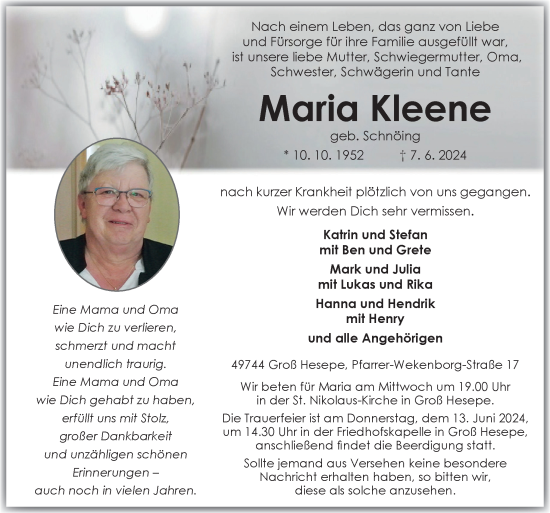 Traueranzeige von Maria Kleene von Neue Osnabrücker Zeitung GmbH & Co. KG