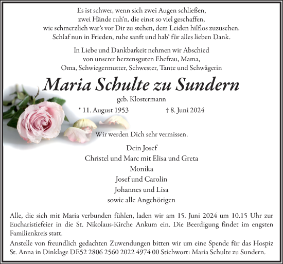 Traueranzeige von Maria Schulte zu Sundern von Neue Osnabrücker Zeitung GmbH & Co. KG