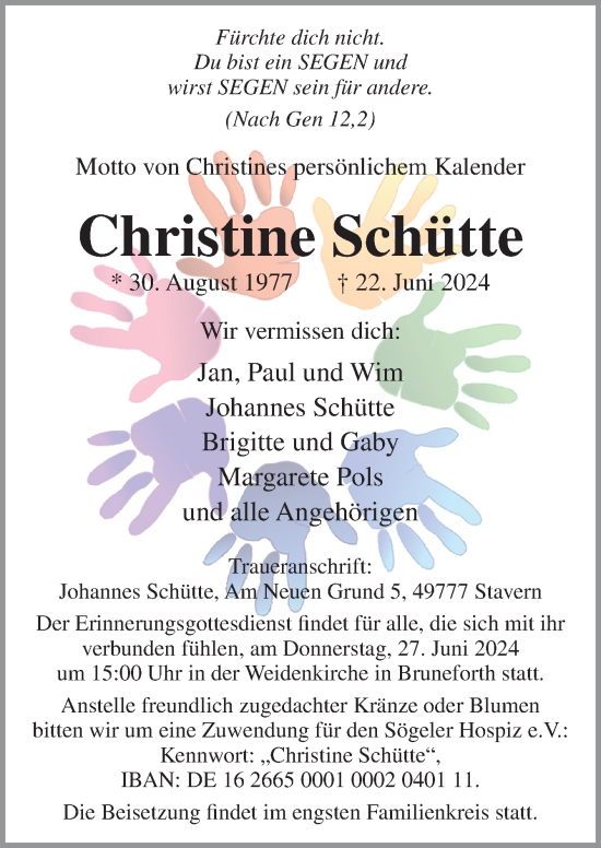Traueranzeige von Christine Schütte von Neue Osnabrücker Zeitung GmbH & Co. KG