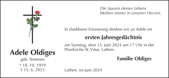 Traueranzeige von Adele Oldiges von Neue Osnabrücker Zeitung GmbH & Co. KG