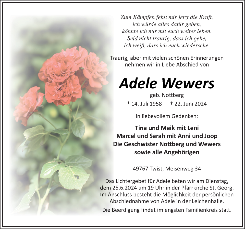  Traueranzeige für Adele Wewers vom 24.06.2024 aus Neue Osnabrücker Zeitung GmbH & Co. KG