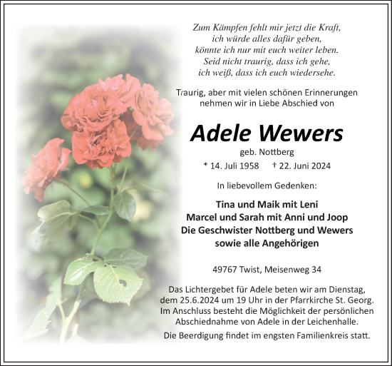 Traueranzeige von Adele Wewers von Neue Osnabrücker Zeitung GmbH & Co. KG