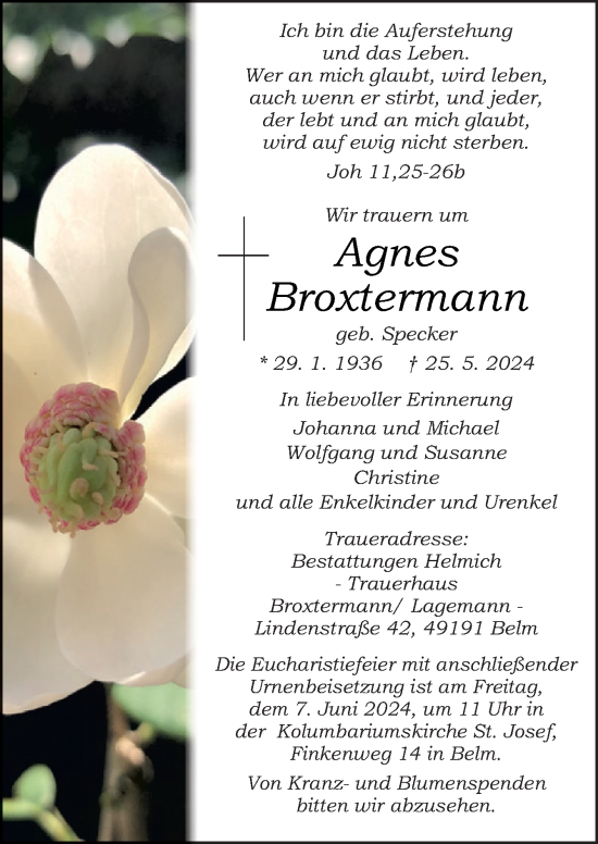 Traueranzeige von Agnes Broxtermann von Neue Osnabrücker Zeitung GmbH & Co. KG