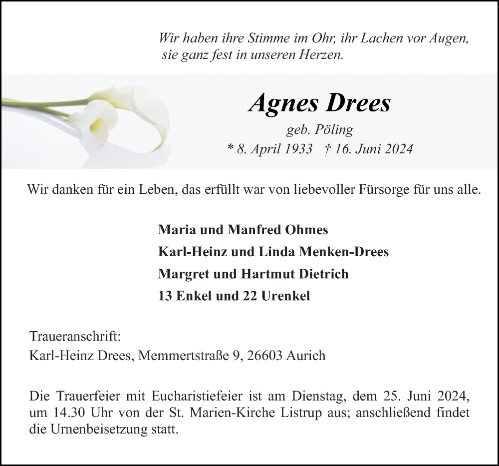 Traueranzeigen Von Agnes Drees | Noz Trauerportal