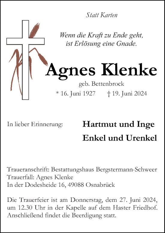 Traueranzeige von Agnes Klenke von Neue Osnabrücker Zeitung GmbH & Co. KG