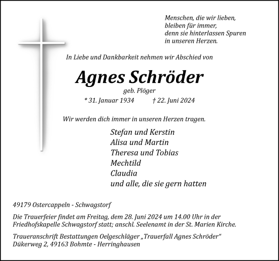 Traueranzeige von Agnes Schröder von Neue Osnabrücker Zeitung GmbH & Co. KG
