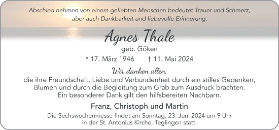 Traueranzeige von Agnes Thale von Neue Osnabrücker Zeitung GmbH & Co. KG