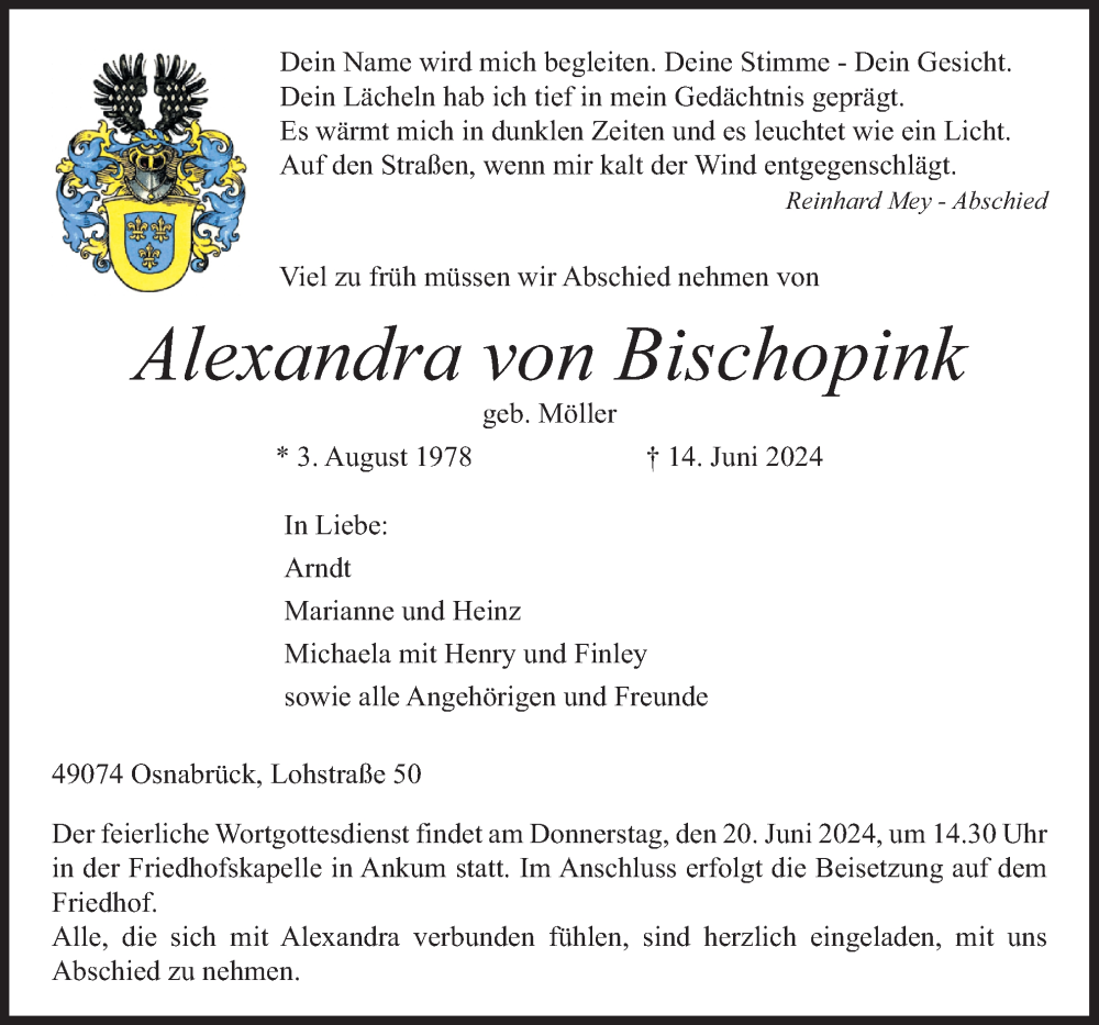  Traueranzeige für Alexandra von Bischopink vom 18.06.2024 aus Neue Osnabrücker Zeitung GmbH & Co. KG