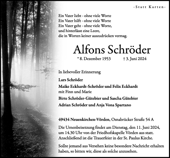 Traueranzeige von Alfons Schröder von Neue Osnabrücker Zeitung GmbH &amp; Co. KG