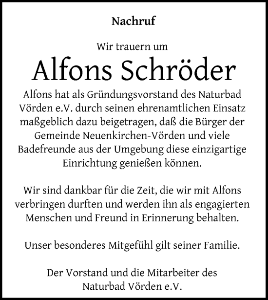 Traueranzeige von Alfons Schröder von Neue Osnabrücker Zeitung GmbH & Co. KG