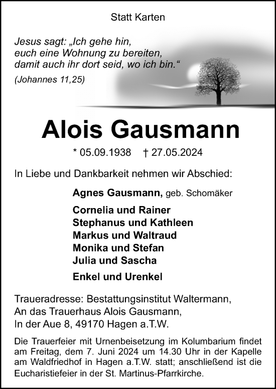 Traueranzeige von Alois Gausmann von Neue Osnabrücker Zeitung GmbH & Co. KG