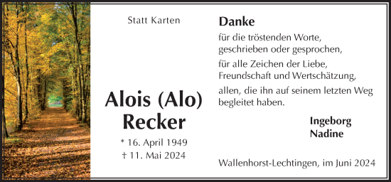 Traueranzeige von Alois Recker von Neue Osnabrücker Zeitung GmbH & Co. KG