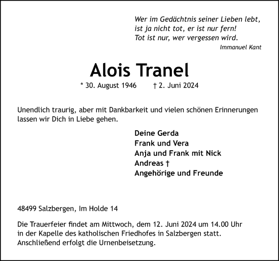 Traueranzeige von Alois Tranel von Neue Osnabrücker Zeitung GmbH & Co. KG