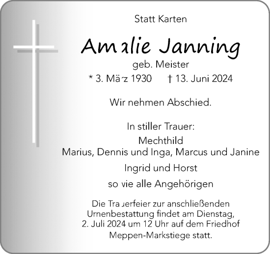 Traueranzeige von Amalie Janning von Neue Osnabrücker Zeitung GmbH & Co. KG