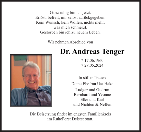 Traueranzeige von Andreas Tenger von Neue Osnabrücker Zeitung GmbH & Co. KG