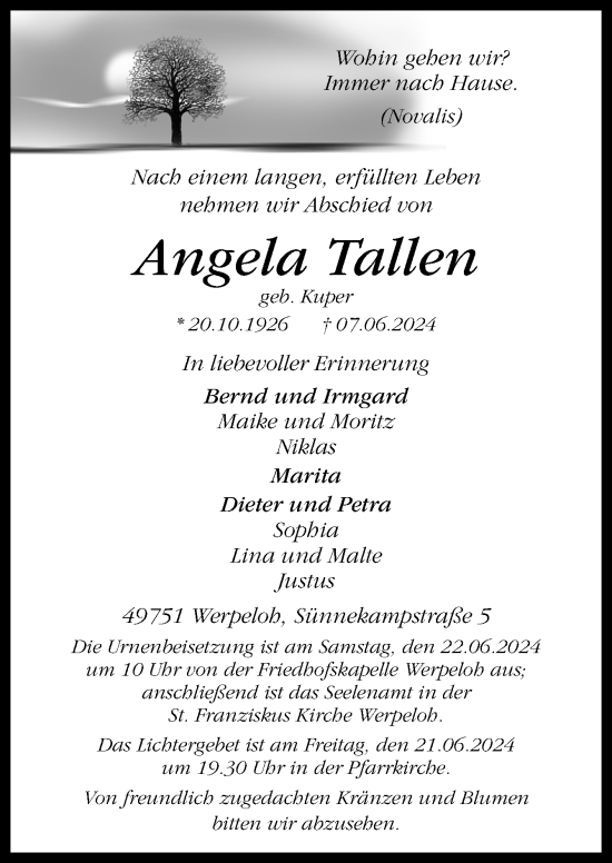 Traueranzeige von Angela Tallen von Neue Osnabrücker Zeitung GmbH & Co. KG