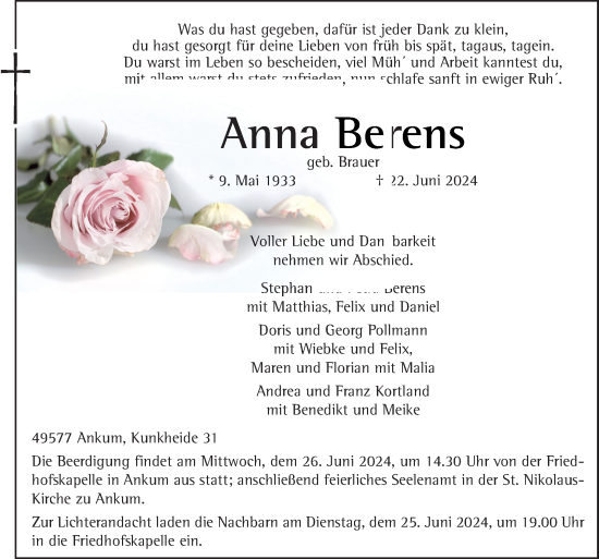 Traueranzeige von Anna Berens von Neue Osnabrücker Zeitung GmbH & Co. KG