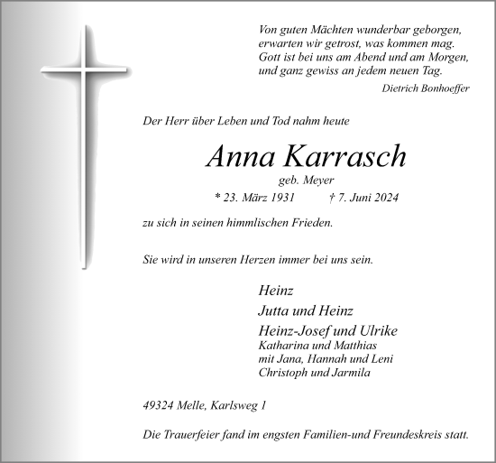 Traueranzeige von Anna Karrasch von Neue Osnabrücker Zeitung GmbH & Co. KG