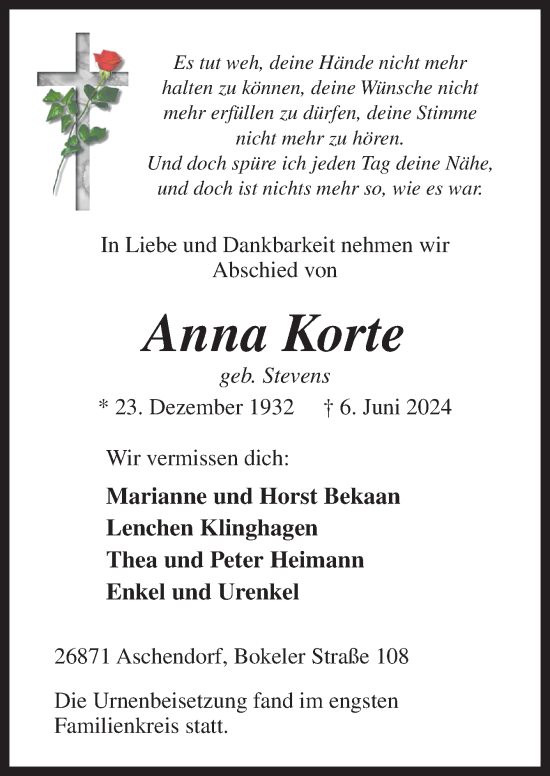 Traueranzeige von Anna Korte von Neue Osnabrücker Zeitung GmbH & Co. KG