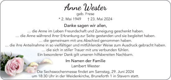 Traueranzeige von Anne Wester von Neue Osnabrücker Zeitung GmbH & Co. KG