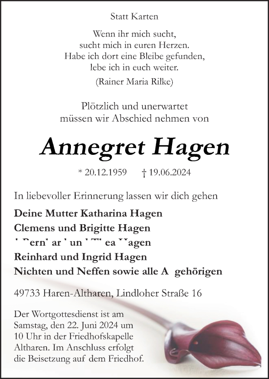 Traueranzeige von Annegret Hagen von Neue Osnabrücker Zeitung GmbH & Co. KG
