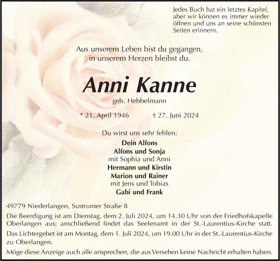 Traueranzeige von Anni Kanne von Neue Osnabrücker Zeitung GmbH & Co. KG
