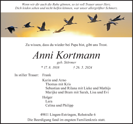 Traueranzeige von Anni Kortmann von Neue Osnabrücker Zeitung GmbH & Co. KG