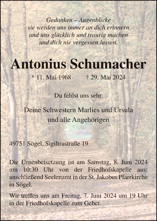 Traueranzeige von Antonius Schumacher von Neue Osnabrücker Zeitung GmbH & Co. KG