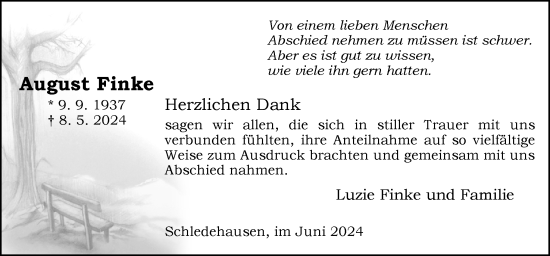 Traueranzeige von August Finke von Neue Osnabrücker Zeitung GmbH & Co. KG