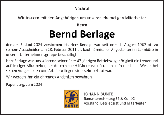 Traueranzeige von Bernd Berlage von Neue Osnabrücker Zeitung GmbH & Co. KG