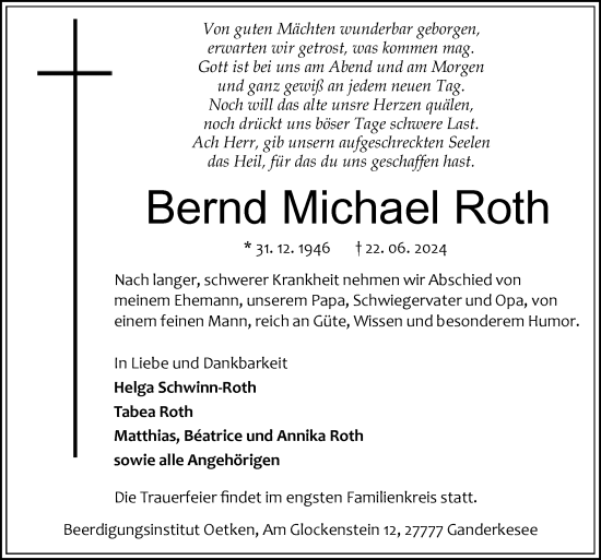Traueranzeige von Bernd Michael Roth von DK Medien GmbH & Co. KG
