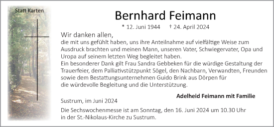 Traueranzeige von Bernhard Feimann von Neue Osnabrücker Zeitung GmbH & Co. KG