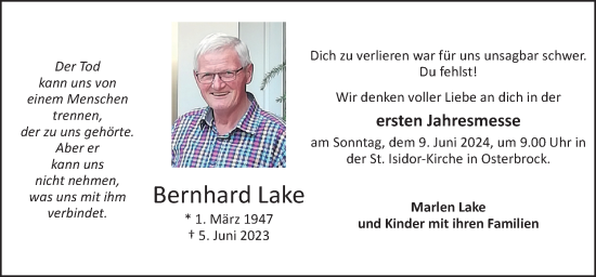 Traueranzeige von Bernhard Lake von Neue Osnabrücker Zeitung GmbH & Co. KG