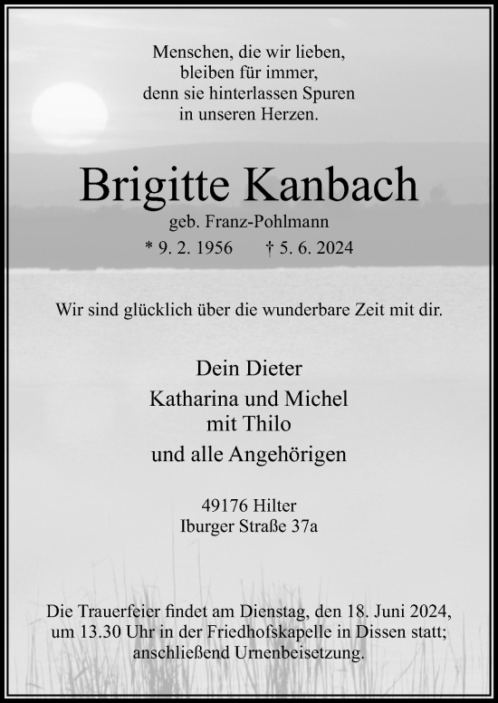 Traueranzeige von Brigitte Kanbach von Neue Osnabrücker Zeitung GmbH & Co. KG