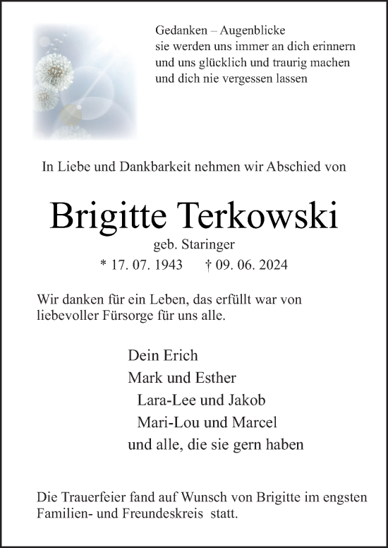 Traueranzeige von Brigitte Terkowski von Neue Osnabrücker Zeitung GmbH & Co. KG