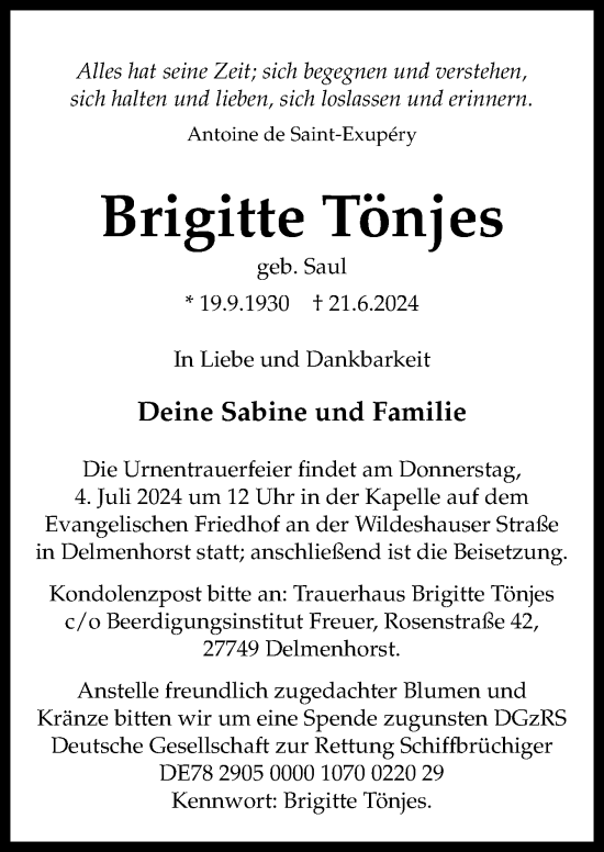 Traueranzeige von Brigitte Tönjes von DK Medien GmbH & Co. KG