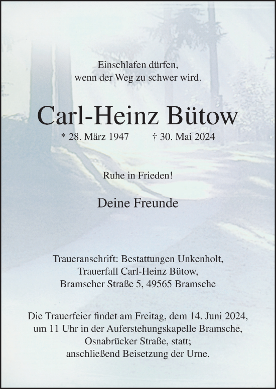 Traueranzeige von Carl-Heinz Bütow von Neue Osnabrücker Zeitung GmbH & Co. KG