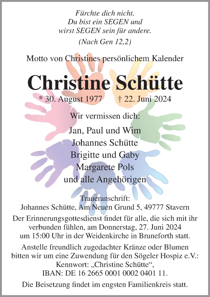  Traueranzeige für Christine Schütte vom 25.06.2024 aus Neue Osnabrücker Zeitung GmbH & Co. KG